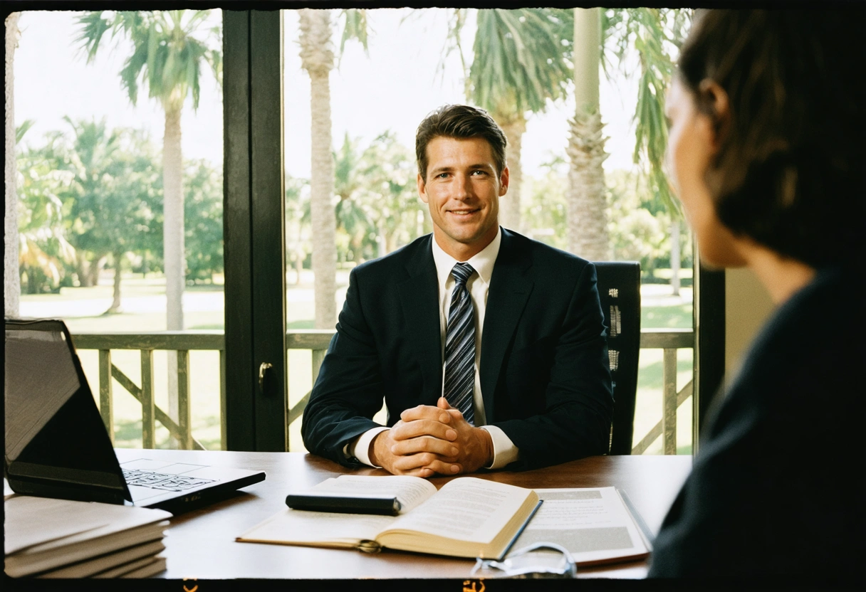 Florida attorney meeting clients in a sunlit office with legal books and palm trees outside