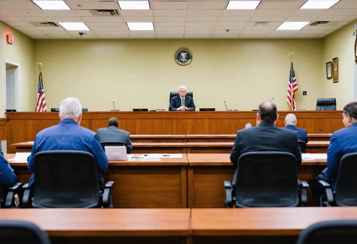 Florida courtroom scene with several defendants, attorneys, and a judge overseeing shared responsibility