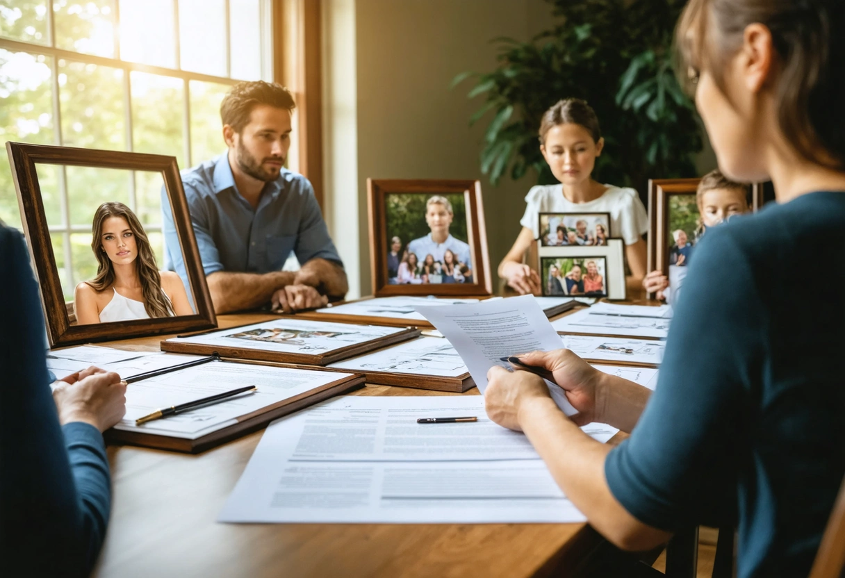 A Florida family with an attorney reviewing legal documents and family photos at home