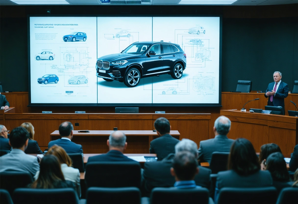 Expert witnesses presenting accident diagrams to jurors in a Florida courtroom with digital display
