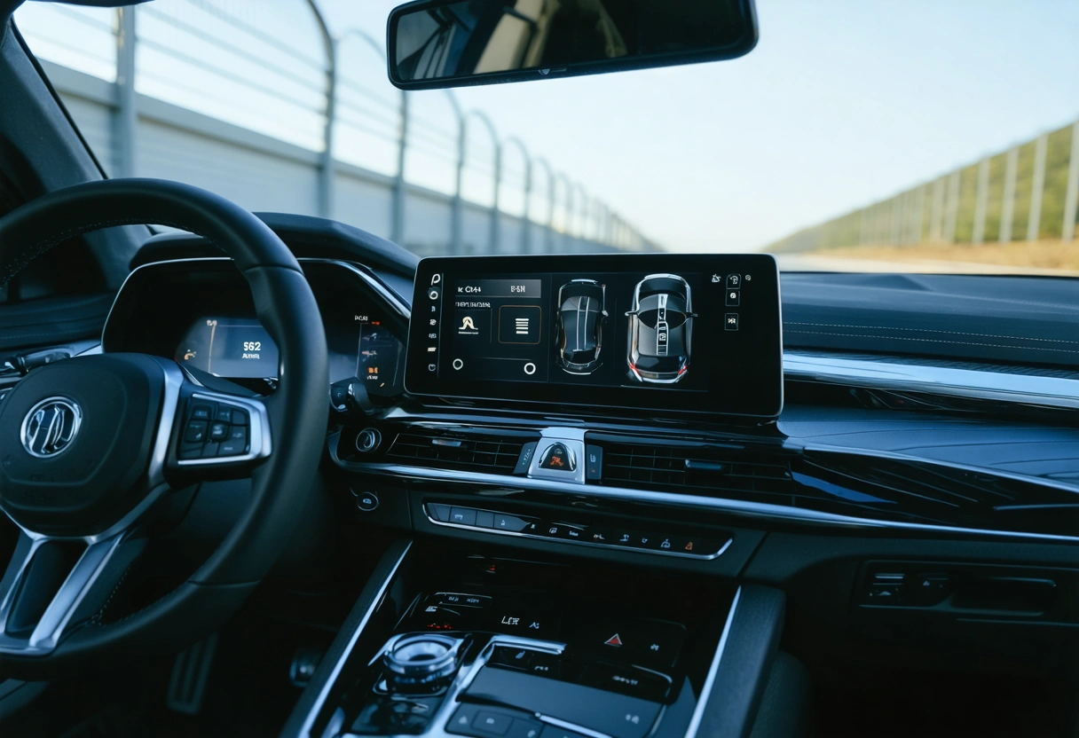 Car interior showing dashboard alerts from advanced safety systems during daytime, driver’s view