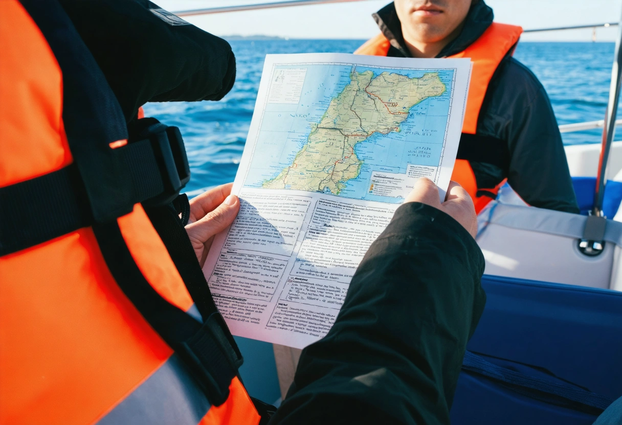 Boater reviews regulations booklet and map on deck with visible safety gear in daylight