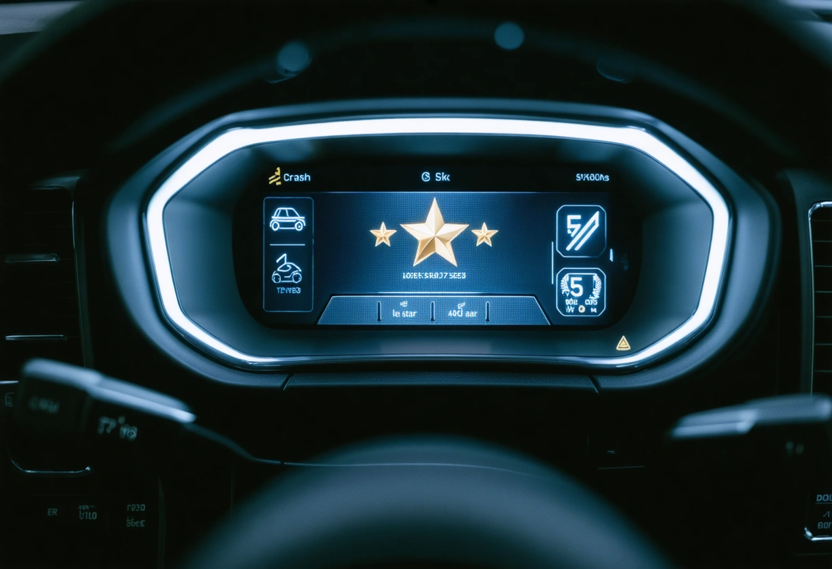 Close-up of a car dashboard featuring a five-star safety badge and safety feature icons