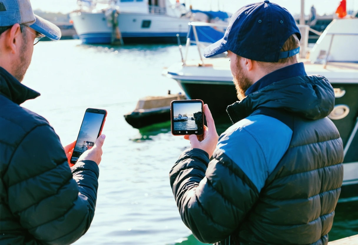 Boater photographs minor boat damage and exchanges information dockside on a sunny day