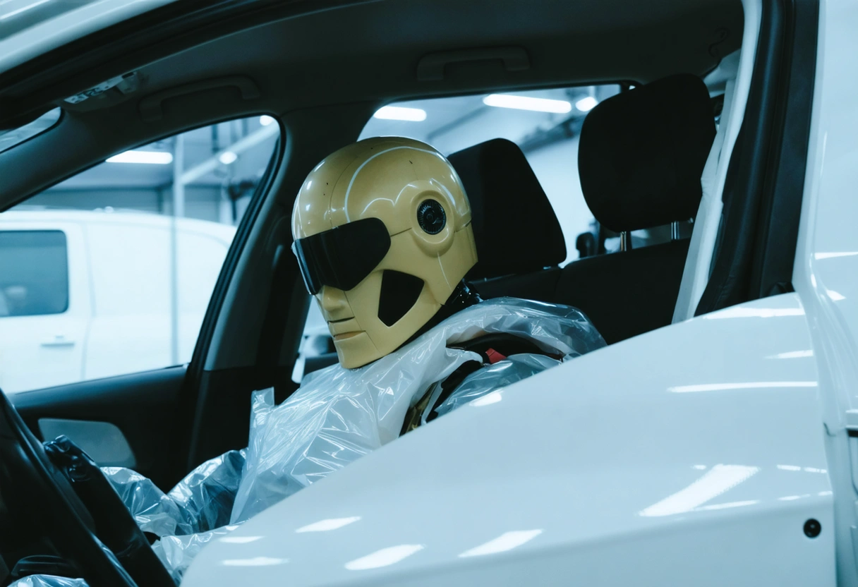 Crash test dummy in a car during simulated frontal collision with airbags deployed, side view