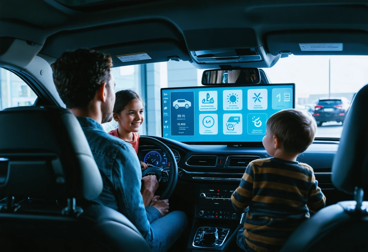 A family examines a digital display of car safety ratings and insurance icons in a dealership