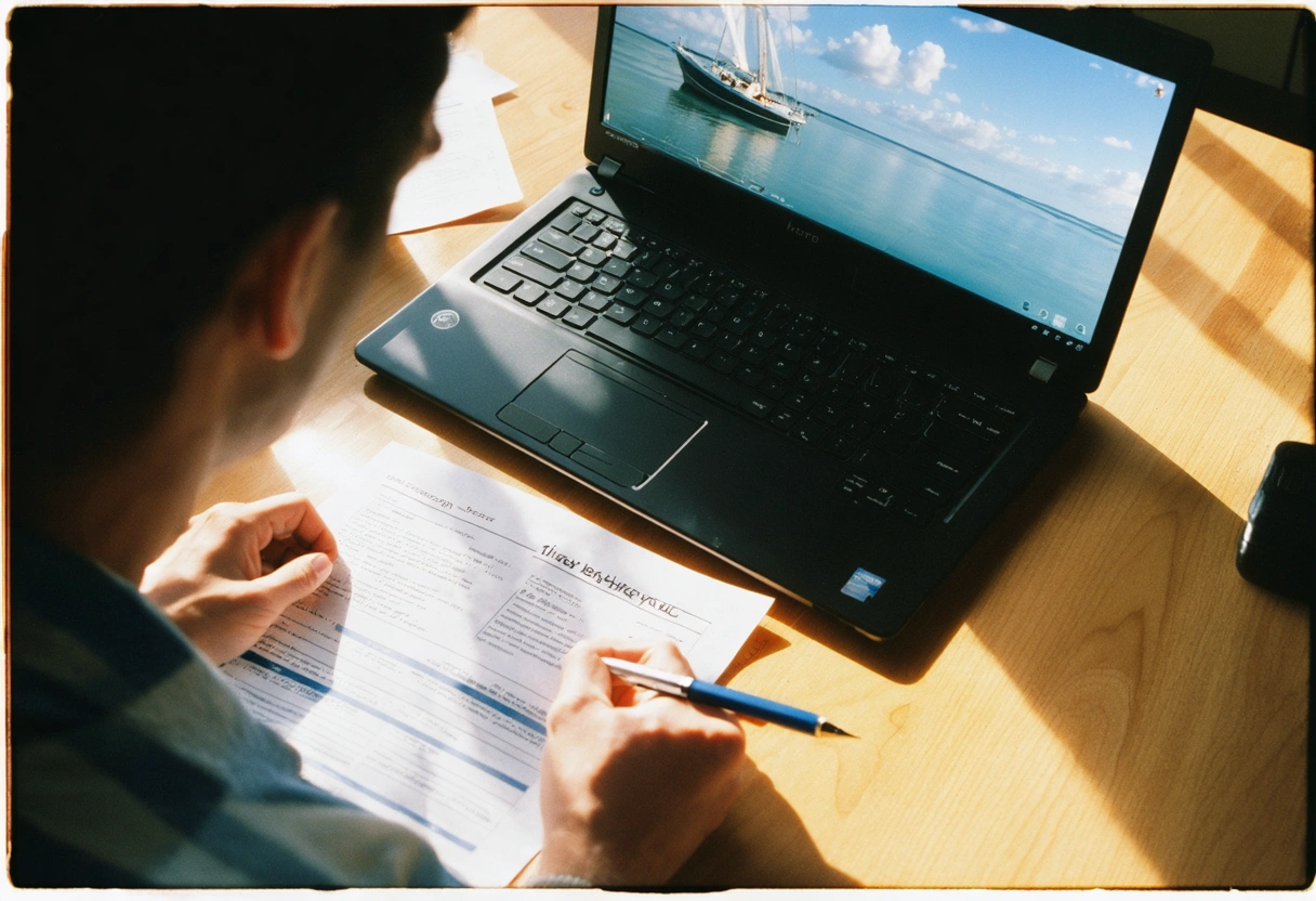 Person reviews boat insurance policy at tidy desk with laptop and documents in sunlight