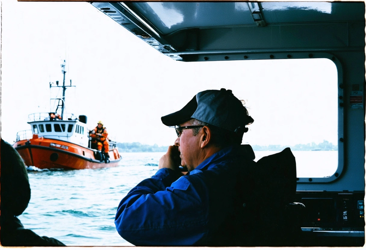 Boat operator calls emergency responders on deck with calm waterway in background