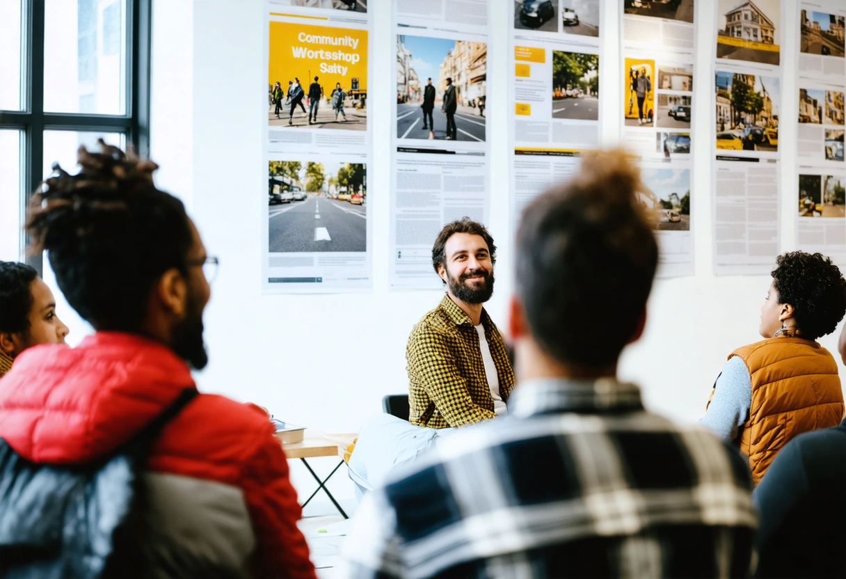 A community workshop with people discussing pedestrian safety, posters on walls. Bright, inviting lighting. POV