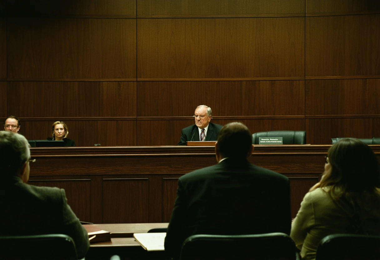 A courtroom scene with a lawyer presenting a case, judge listening intently. Dim, focused lighting.