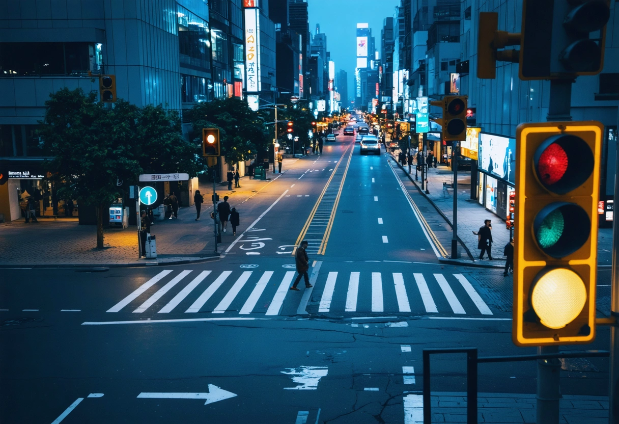 A futuristic city street with smart traffic lights and pedestrians using a safety app. Nighttime,
