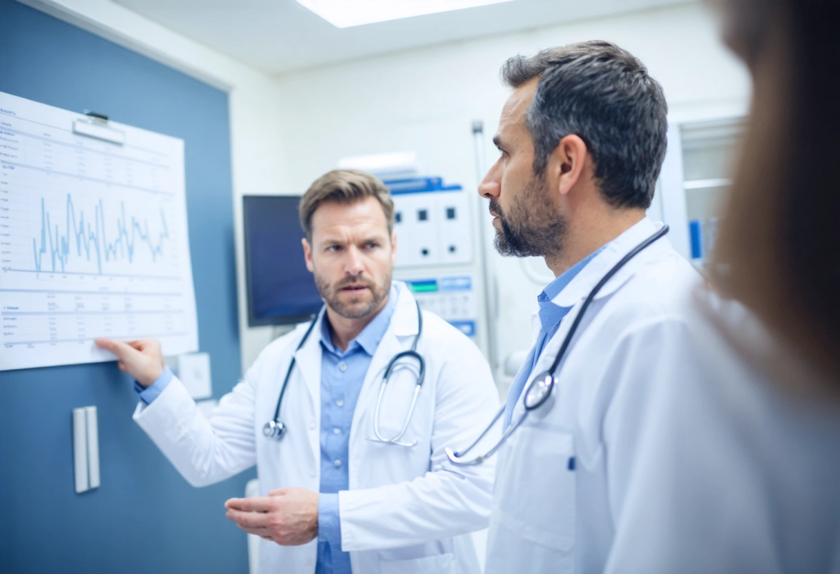 A hospital room with a doctor examining a patient, medical charts visible. Bright, clinical lighting.