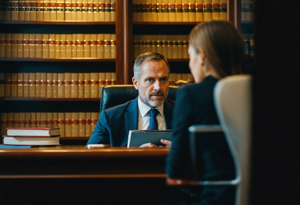 A lawyer's office with a client and attorney discussing, legal books on a shelf. Warm