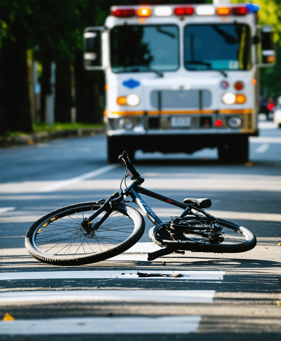 Damaged bicycle on the ground near a crosswalk with an emergency vehicle in the background