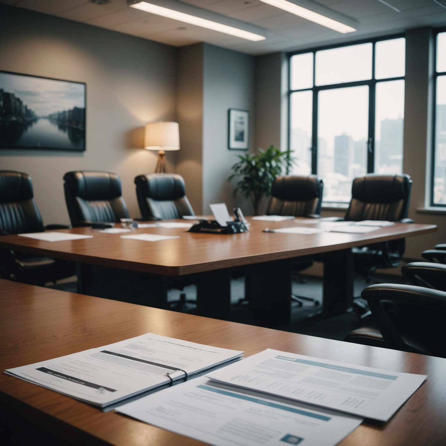 Conference table filled with unmarked documents in a professional office