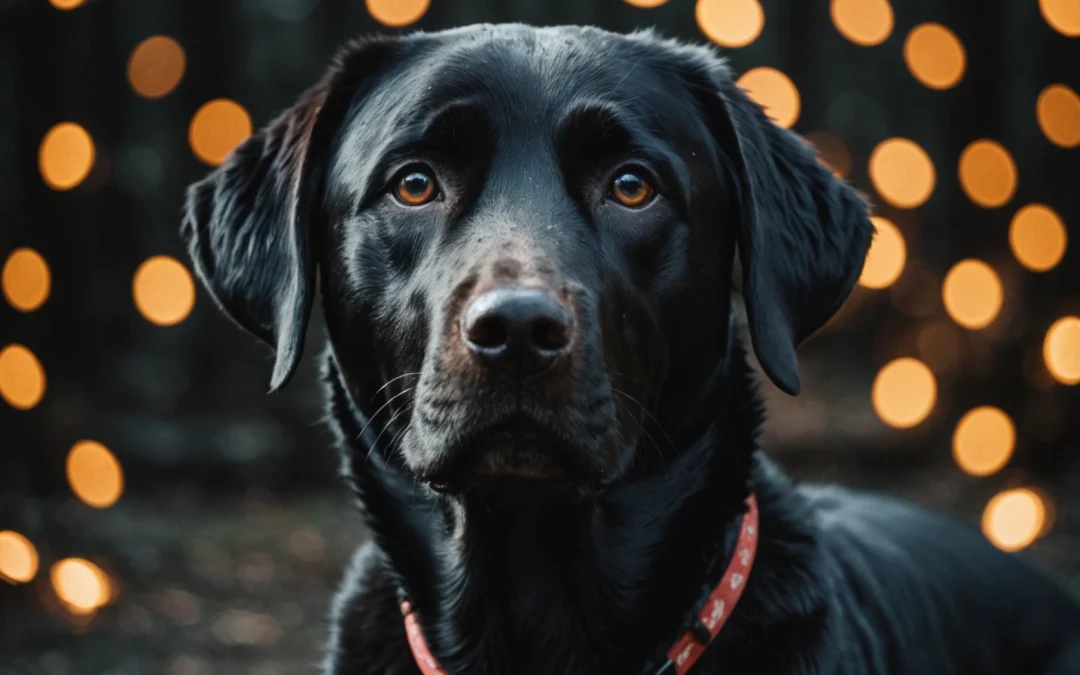 Smiling black labrador retriever against a dark backdrop