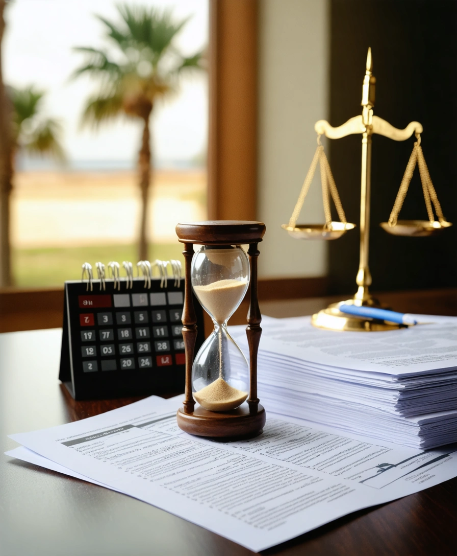 Hourglass on legal documents with scales of justice and calendar in background