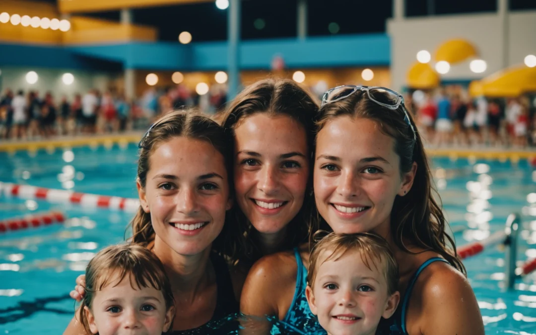Parents and children enjoying activities at a water park