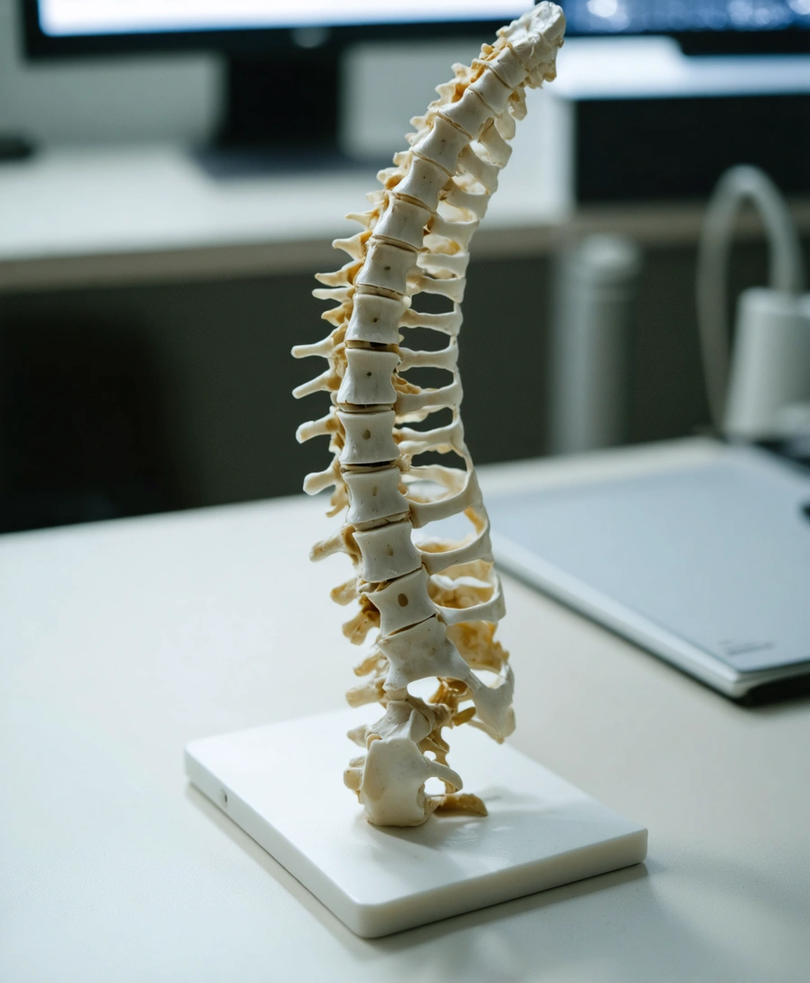 Spine model on a desk under soft professional lighting