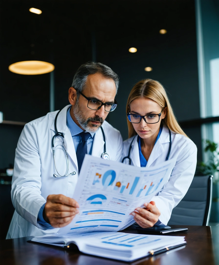 Attorney and medical expert analyzing medical charts in a conference room