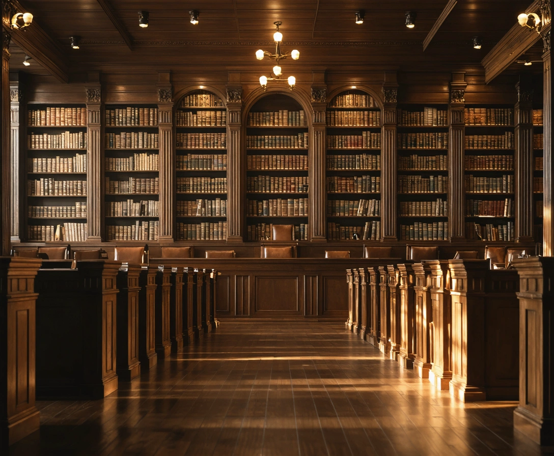 Aisle in a courtroom or law library with polished wood details