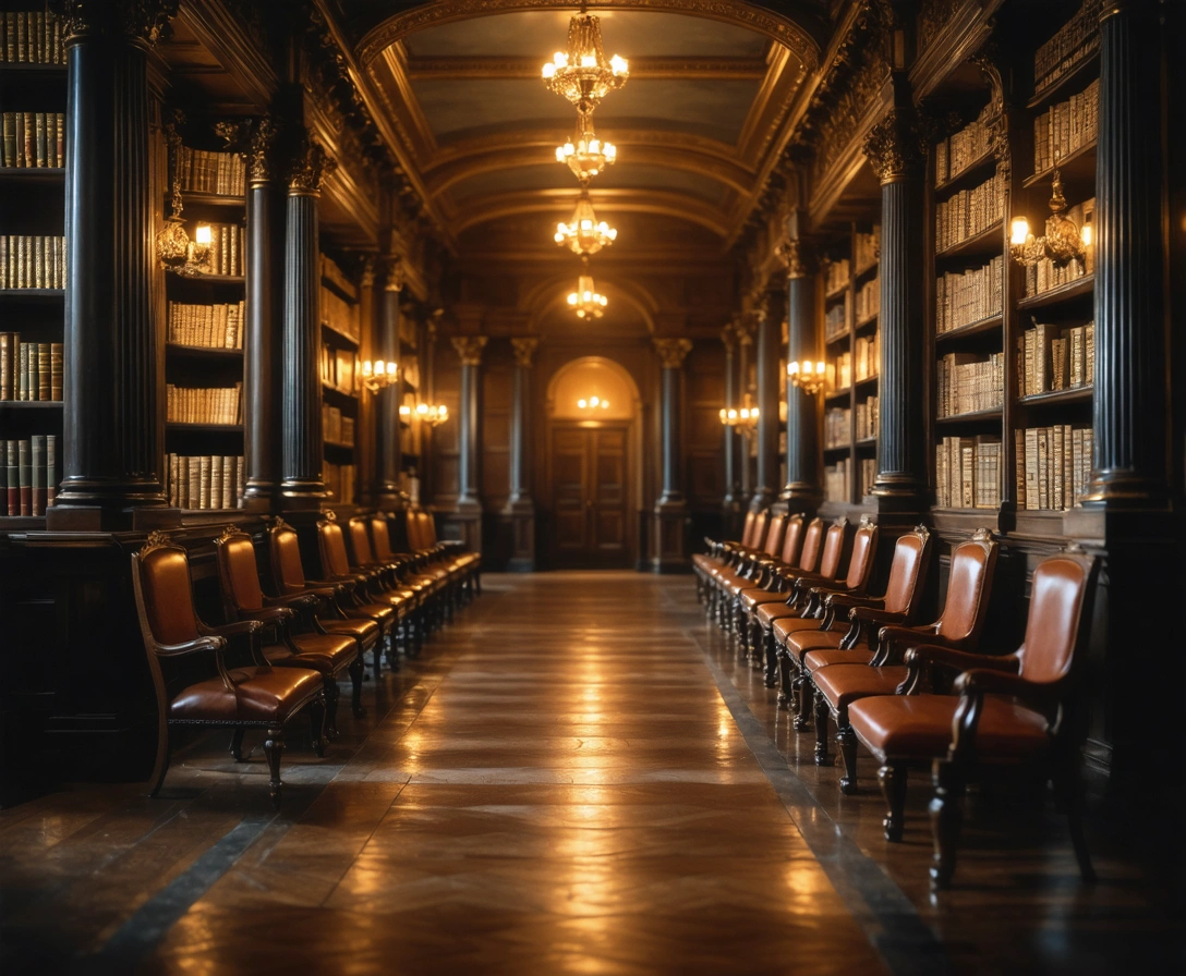 Elegant law library with polished wood accents in warm tones