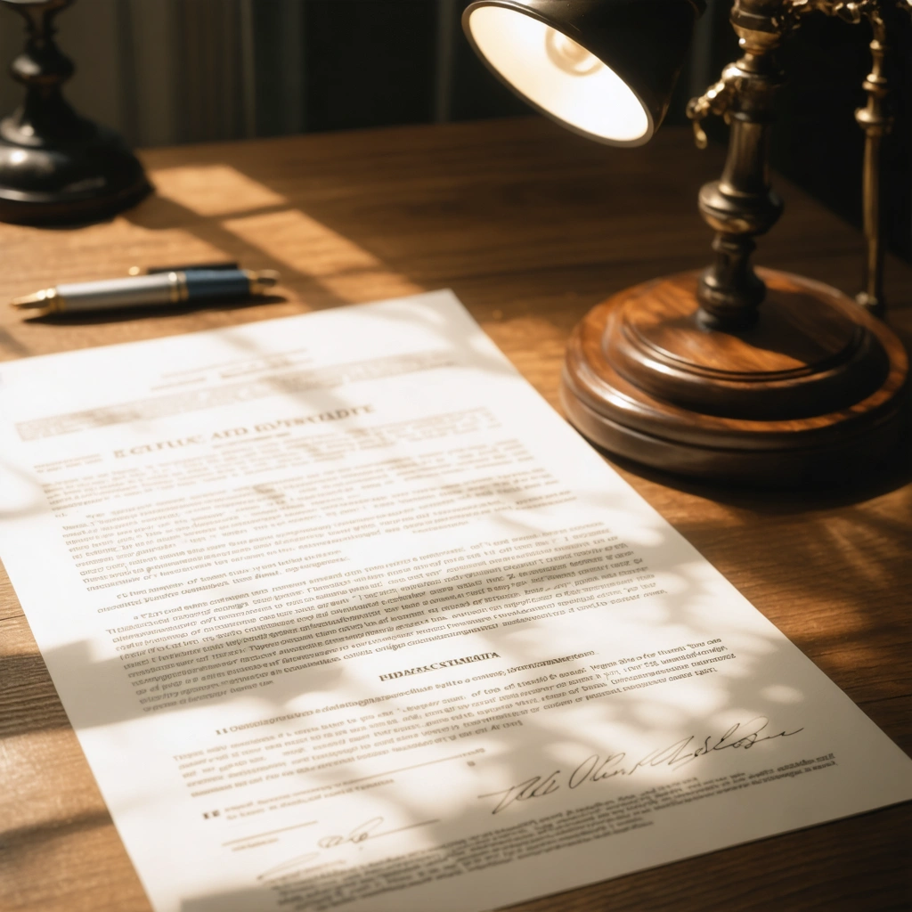 Lawyer's desk with legal documents under soft lighting