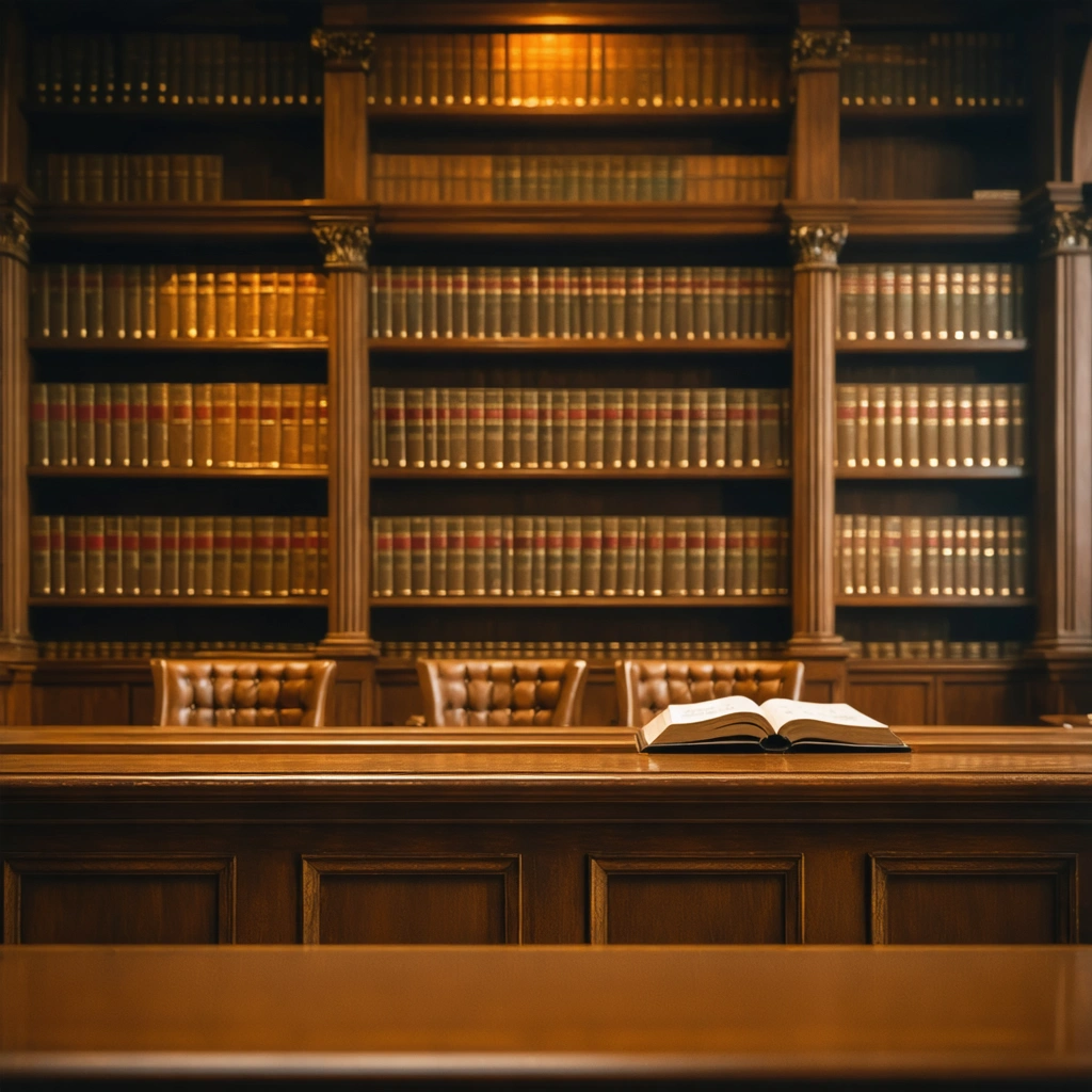Lawyer's office with a large bookshelf and elegant decor