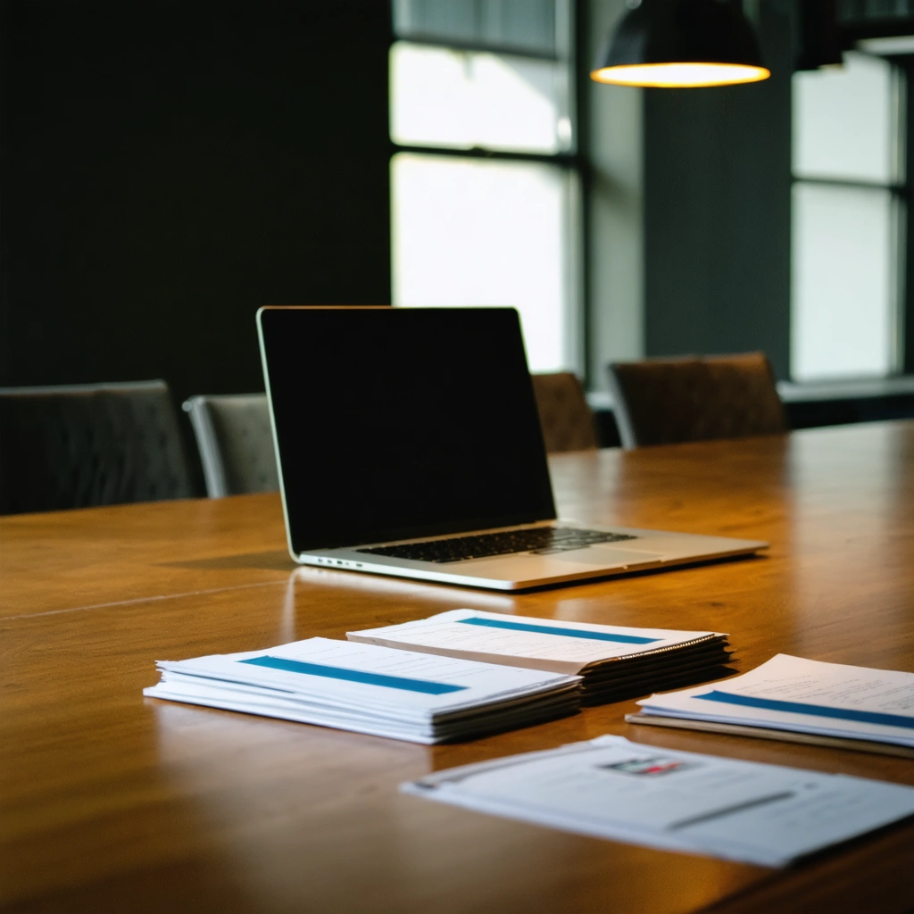 Conference table set up with files and a laptop in a well-lit office