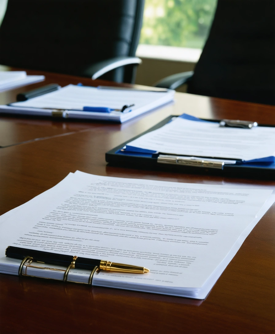 Lawyers' conference table with case documents, legal files and notebook