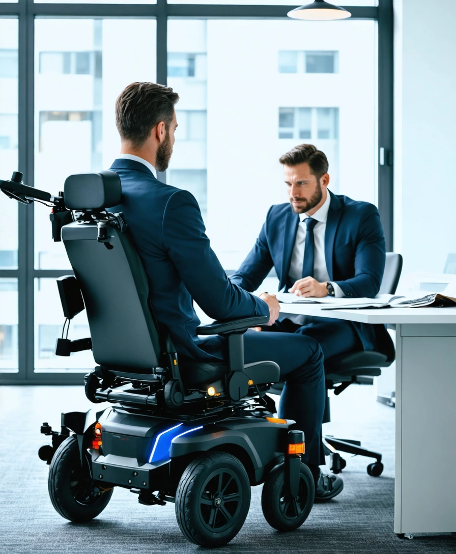 Adult with paralysis in advanced electric wheelchair discussing documents with lawyer in a modern office