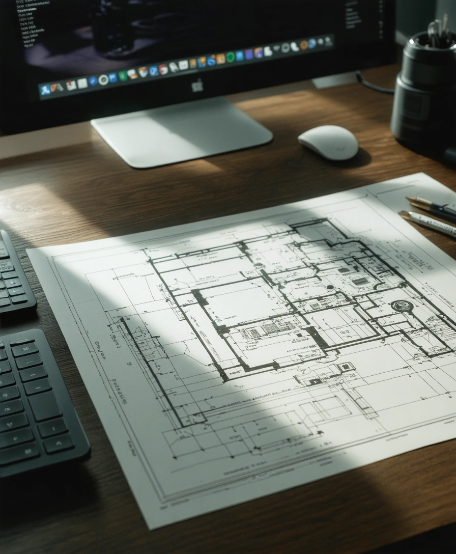 Engineer's desk with technical diagram for product analysis
