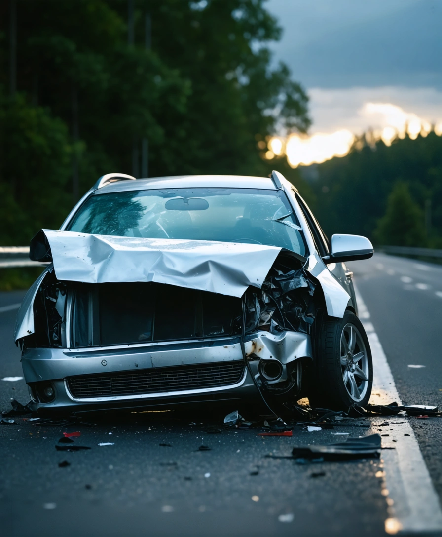Damaged car on an empty roadway after an accident