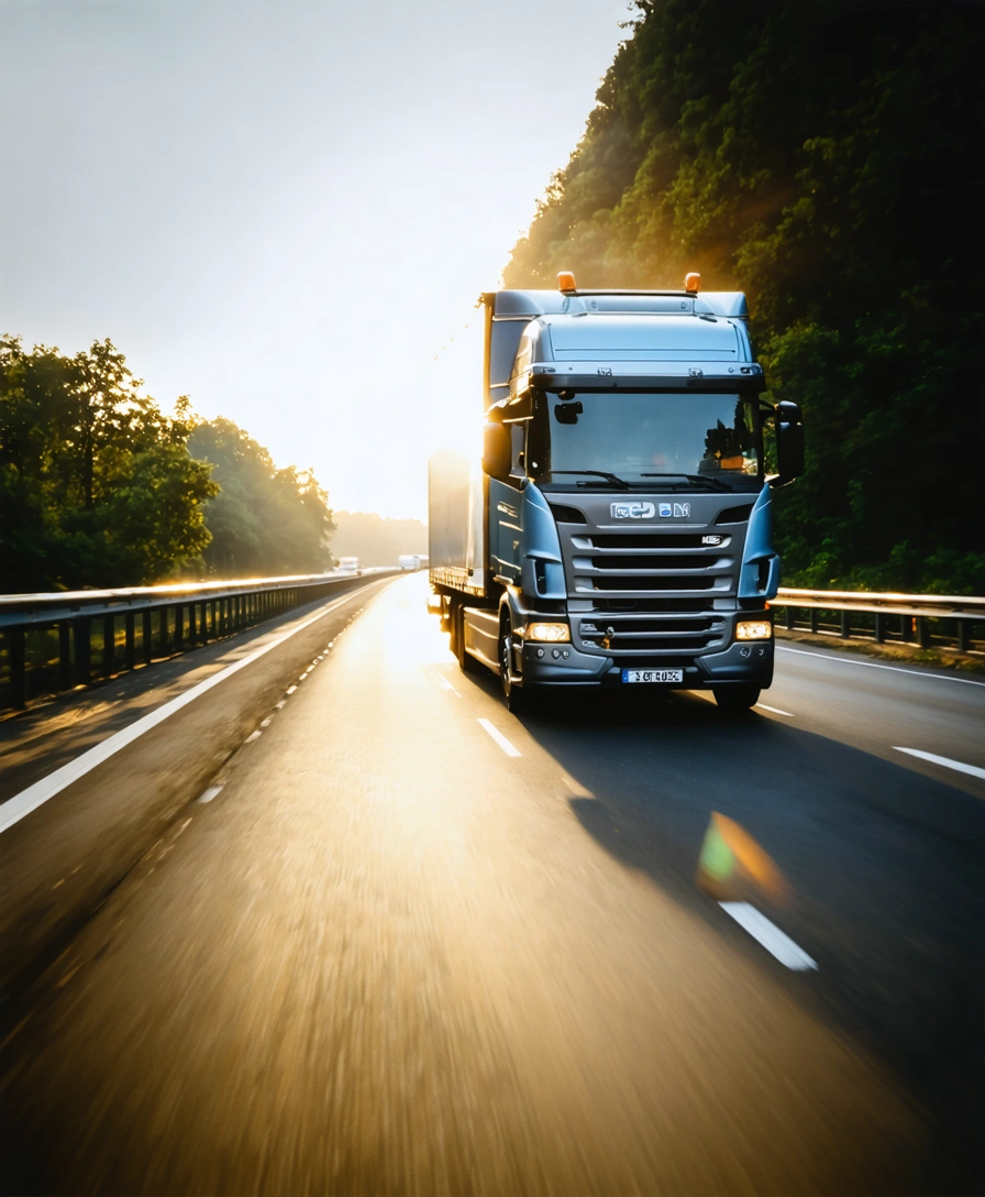 Commercial truck driving on a highway in dramatic sunlight