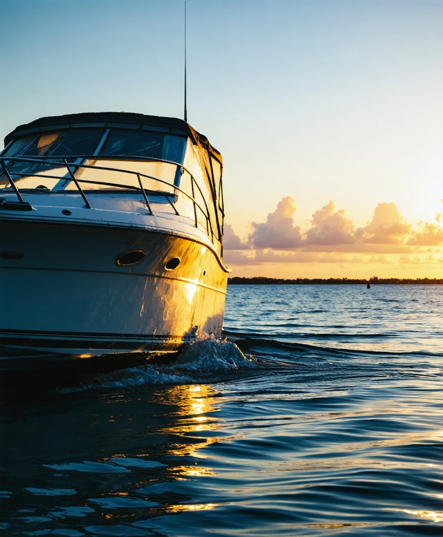 Sunset over calm Florida waters with a capsized boat