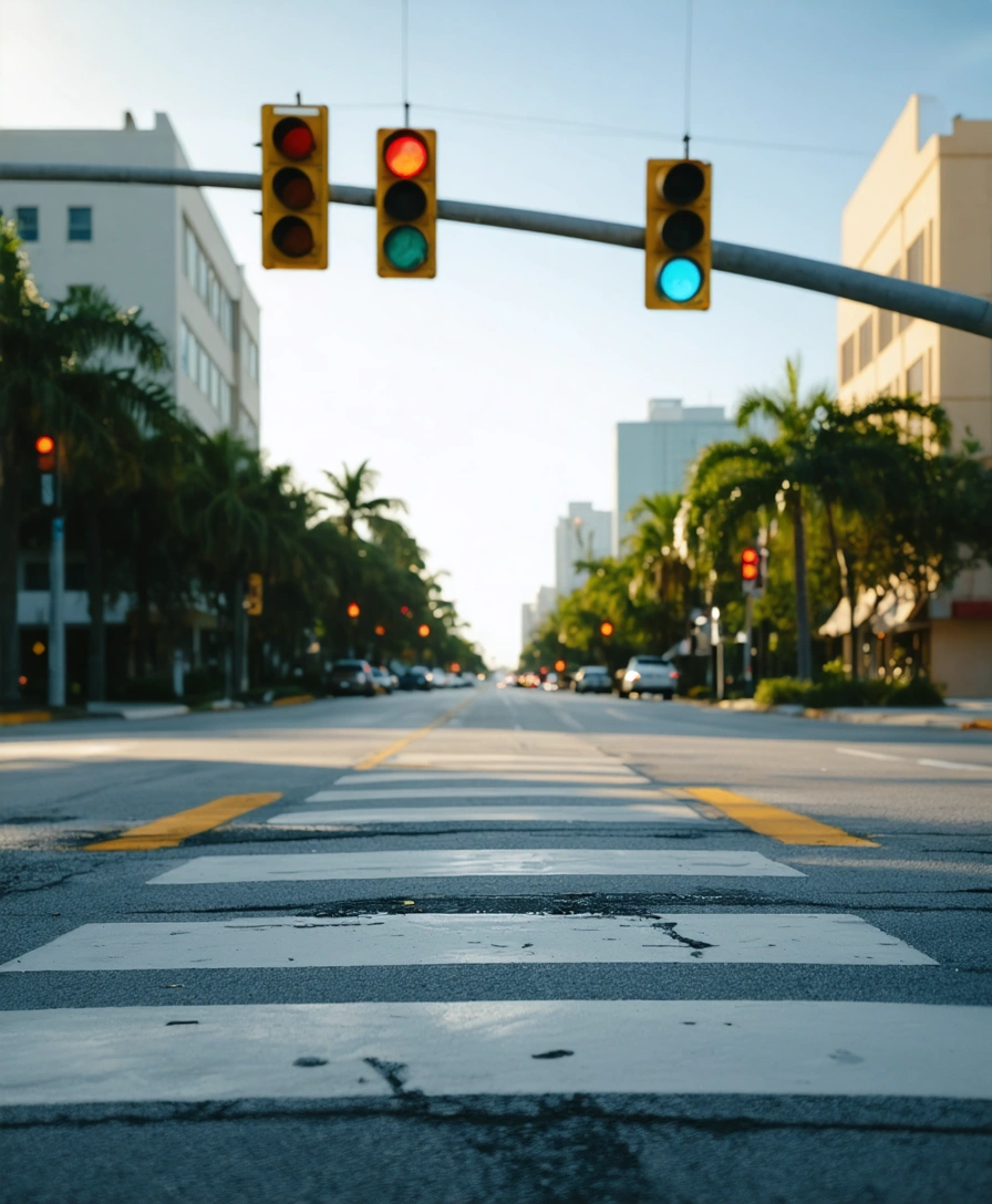 Crosswalk scene with safety signals in a calm urban Florida setting
