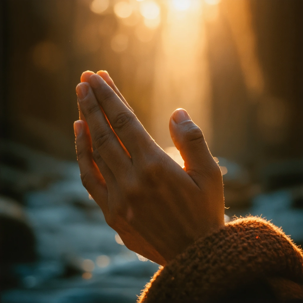Close-up of hands folded gently in reflection or prayer in warm light
