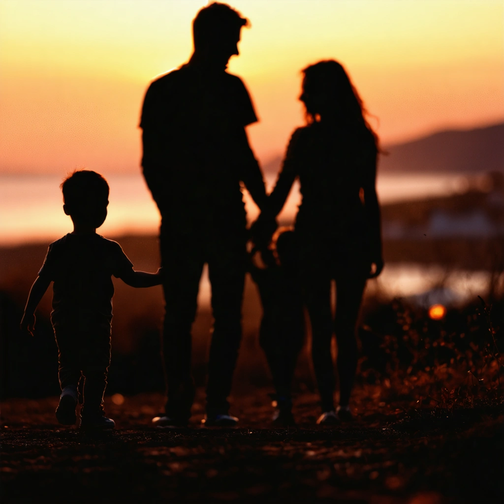 Silhouette of a family enjoying a peaceful sunset outdoors