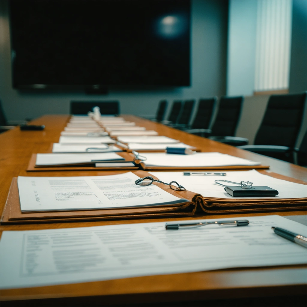 Case files and evidence spread out in a conference room